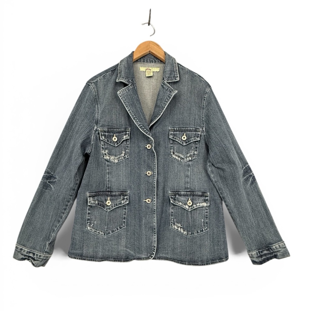 Moe Distressed Denim Jacket Button Front 2X Stretch Cotton Blue Jean Style